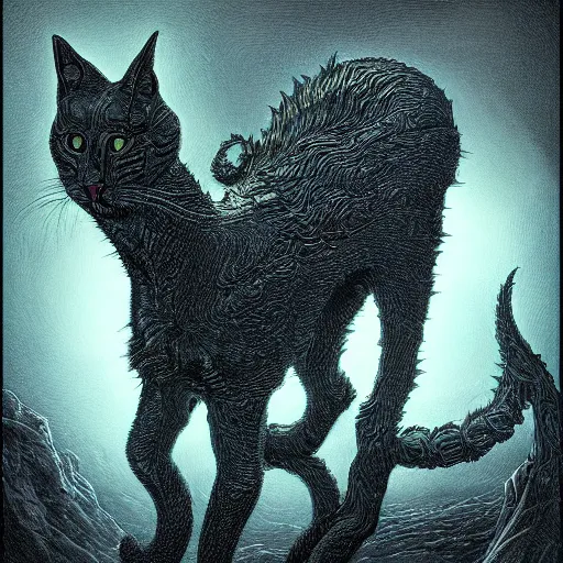 Image similar to photorealistic rendering of eldritch demon cat in the style of michael whelan, gustave dore, and stefan koidl. hyperdetailed photorealism, 1 0 8 megapixels, cinematic lighting.