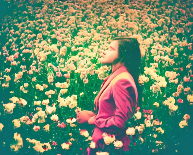 Prompt: oversaturated, burned, light leak, expired film, photo of a girl crying crowded by busy flowers