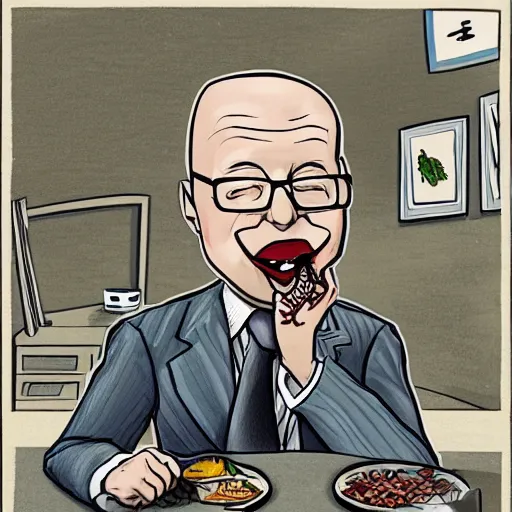 Image similar to a funny charicature of Klaus Schwab eating some bugs and worms, cartoony, highly detailed, gruwesome details, 8k