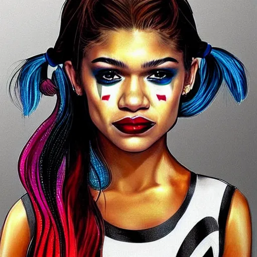 Image similar to “Zendaya, beautiful, like Harley Quinn, highly detailed, photorealistic portrait”