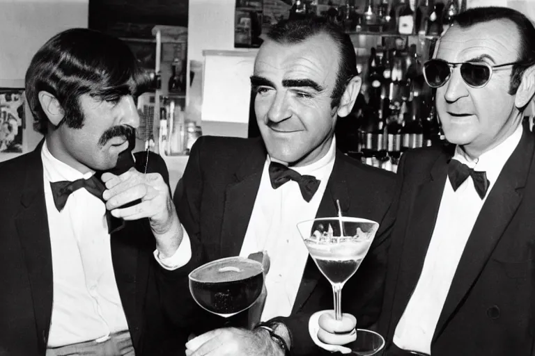 Image similar to sean connery and john lennon drinking martinis, color photograph, 1 9 6 0 s