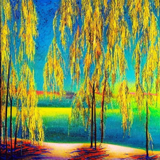 Prompt: colorful willow trees spring landscape magical realism detailed luminescent painting