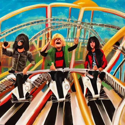 Prompt: the ramones having fun on a rollercoaster, hyper detailed, 8 k, oil painting, rule of thirds