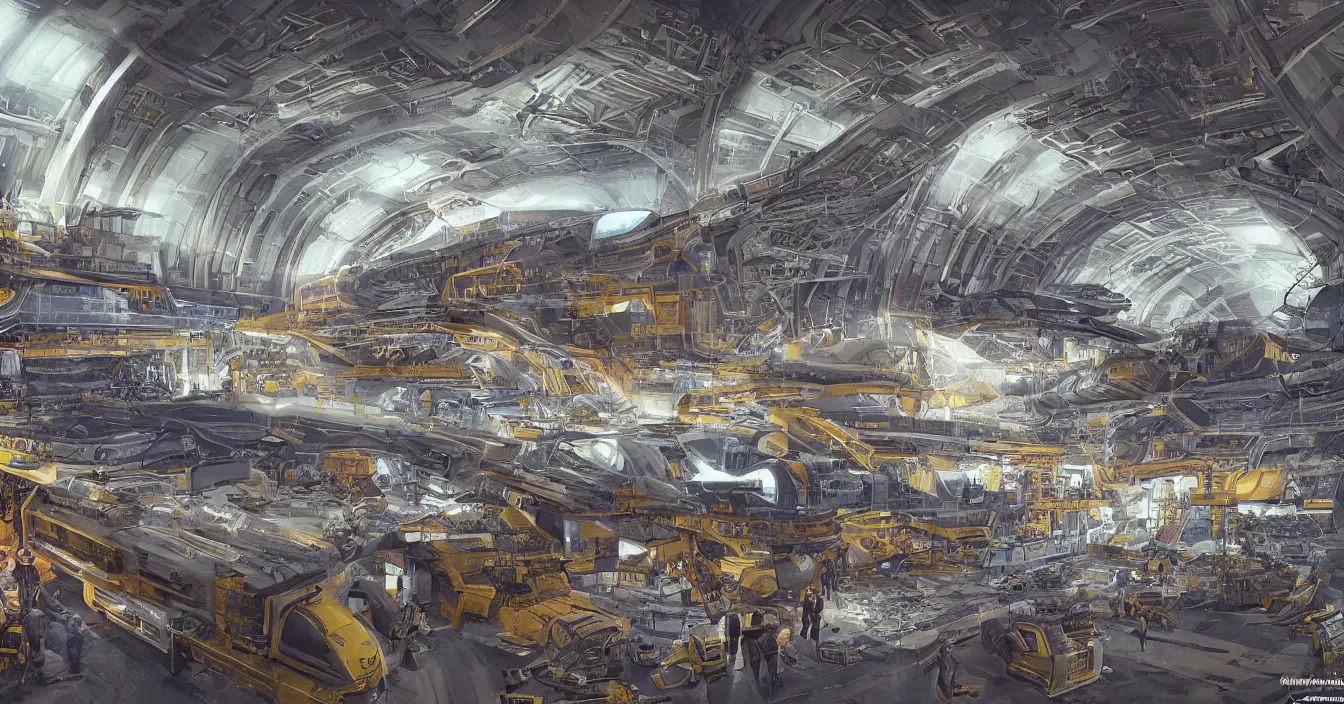 Image similar to Interior of the hall in area 55, full of alien military equipment, engineers working on flying wings, components, secret photography, high detail, wide perspective, saturated colors, digital art, amazing concept art