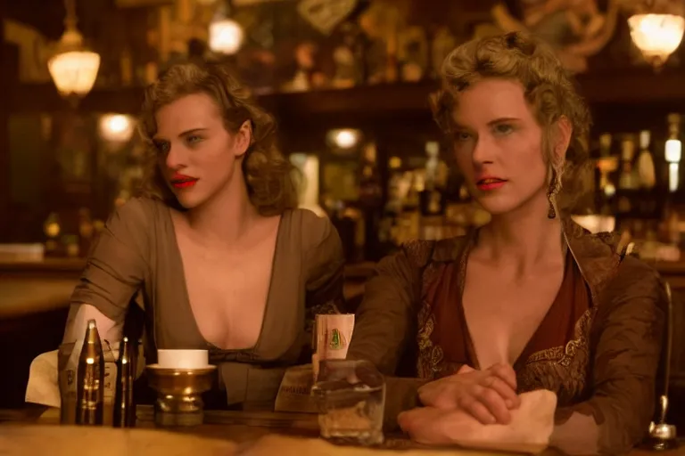 Image similar to cinematography of a beautiful cyborg woman in a vintage western bar alone asking for a drink by Roger Deakins