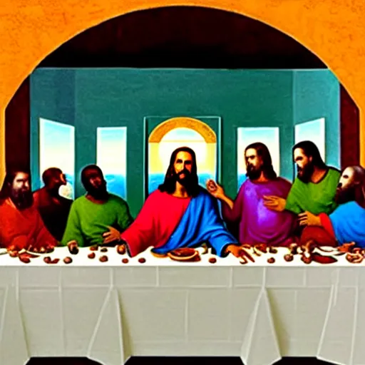 Image similar to Kanye West as Jesus in the Last Supper painting