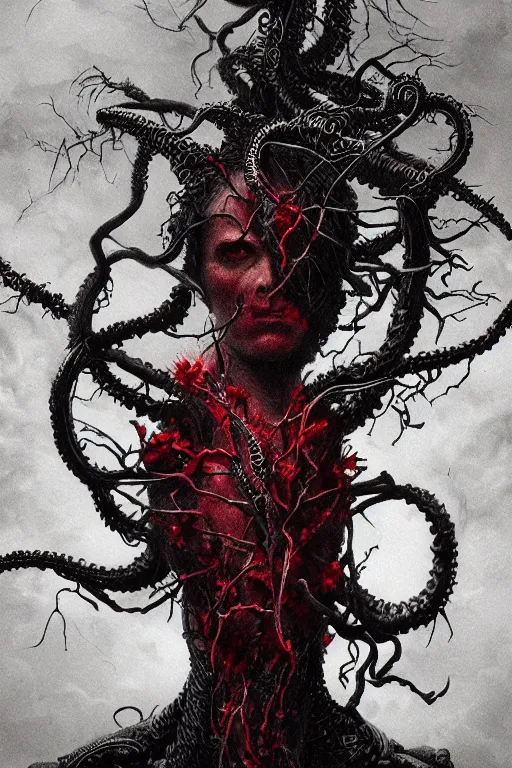 Image similar to realistic portrait beautiful detailed matte painting of cinematic movie scene a ancient god of death, tentacles, black and red, thorns, vines, horror, created by gustave dore and greg rutkowski, high detailed, smooth draw, synthwave neon retro, intricate, realistic proportions, dramatic lighting, trending on artstation.