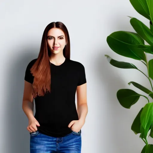 Image similar to clear photorealistic mockup product photograph of a blank black tshirt on an attractive female model in front of a living room background - h 7 0 4