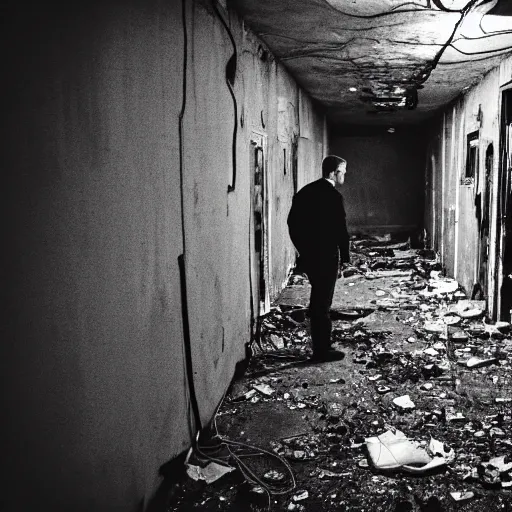 Image similar to two men in black, looking at a black hole in the dark grimy grungy basement of an abandoned apartment block, wires, cables, grainy black and white photography, 5 0 mm lens