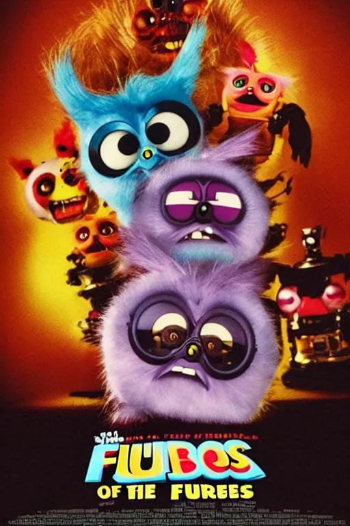 Image similar to horror movie poster for attack of the furbies!!!! furby!!! horrifying, scary movie