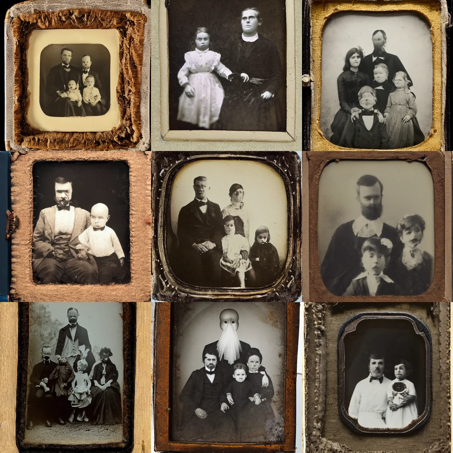 Prompt: an eerie pale glowing ghost visible in an old daguerrotype family portrait in a log cabin