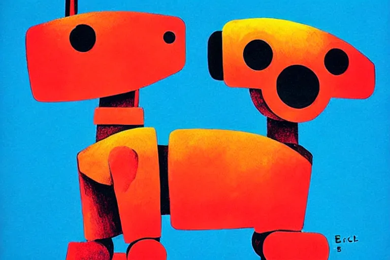 Prompt: a ( ( ( ( ( ( ( cute robot puppy cyborg ) ) ) ) ) ) ) illustration by eric carle!!!!!!!!!!!!!!!