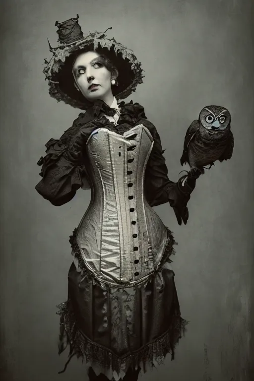 Image similar to wet plate photograph of an anthropomorphic owl dressed in a victorian - era corset dress, dramatic lighting, highly detailed, digital painting, artstation, concept art, smooth, sharp focus, illustration, art by wlop, mars ravelo and greg rutkowski