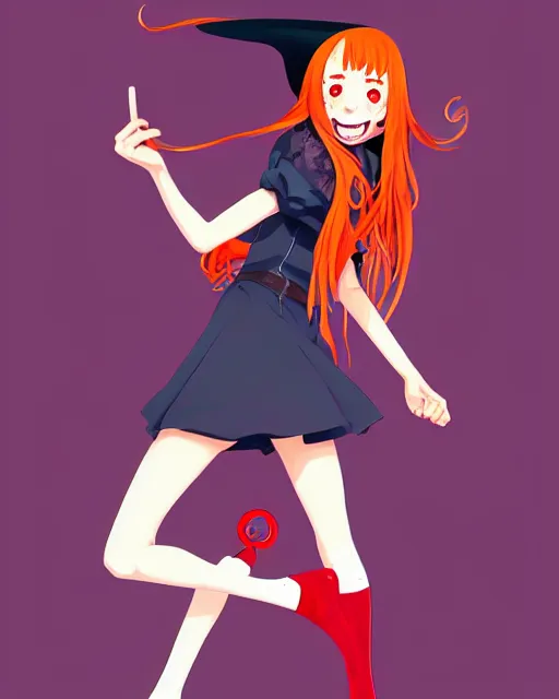 Prompt: full body beautiful anime witch girl Taissa Farmiga sharp teeth, red glowing hair, smiling, full body pose, symmetrical face symmetrical eyes, blurry background, Jamie McKelvie comic art, Alexandra Fomina artstation, face by Ilya Kushinov style, style by Loish, Norman Rockwell, painterly style, flat illustration