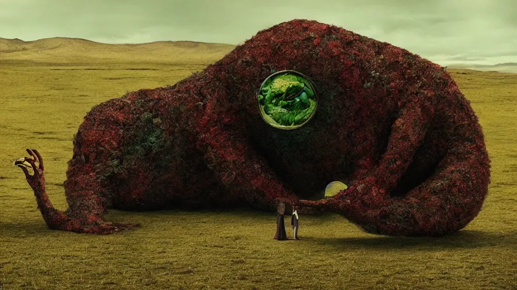 Image similar to the strange creature waits by the car, made of Chlorophyll and blood, film still from the movie directed by Denis Villeneuve with art direction by Salvador Dalí, wide lens