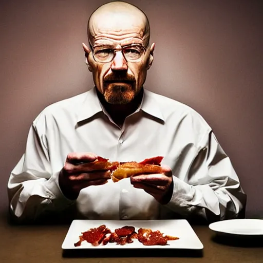 Prompt: walter white eating bacon, photography,