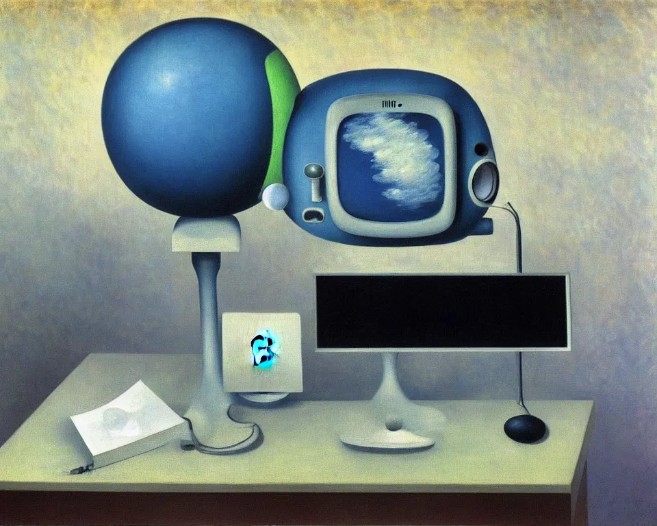 Image similar to achingly beautiful painting of a imac g 3 by rene magritte, monet, and turner. whimsical.