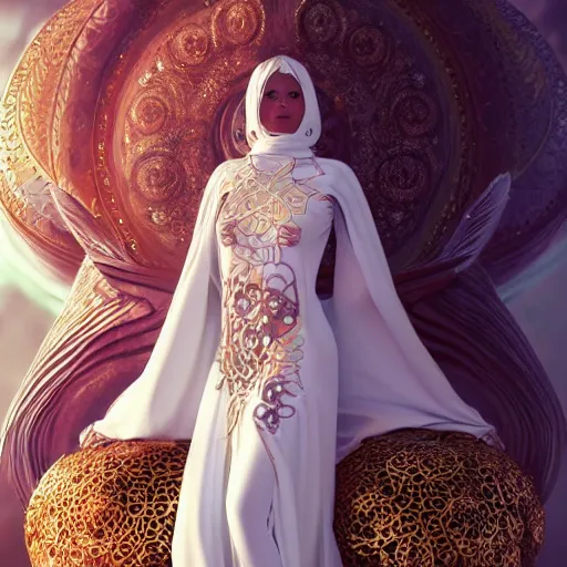 Image similar to a beautiful woman wearing white kaftan with golden ornaments by alex gray and android jones , Karol Bak, Ayami Kojima, Amano , concept art, character design, fantasy,3D, 8k resolution