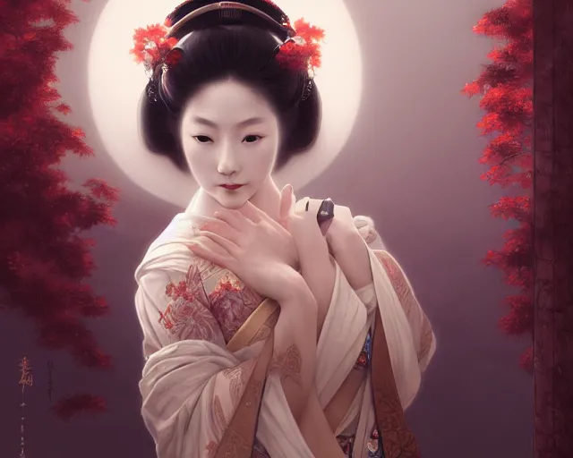 Image similar to photography of a sensual japanese geisha, deep focus, d & d, fantasy, intricate, elegant, highly detailed, digital painting, artstation, concept art, matte, sharp focus, illustration, hearthstone, art by artgerm and greg rutkowski and alphonse mucha