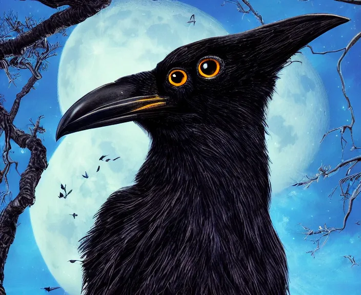 Image similar to a hyper-detailed fantasy wallpaper book cover, close-up portrait of a crow flying above a tree in front of the full big moon; an extraordinary masterpiece!!!; flawless; proud posture; photorealistic eyes; trending on artstation; f/1.4; 90mm