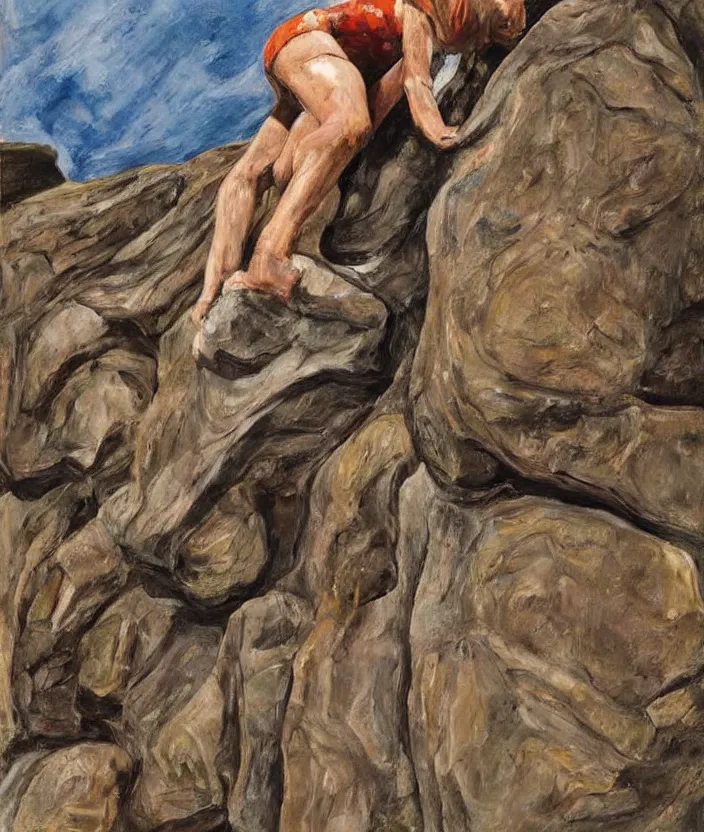 Prompt: indigenous woman climbing rocks, painted by lucian freud, hd, super detailed, realistic, muted colors