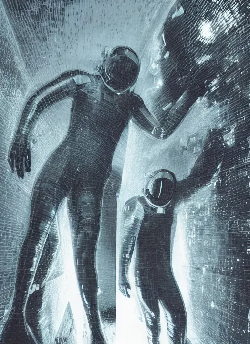 Image similar to astronauts in dark minimalists underwater - hyperdetailed suit. reflection and dispersion plastic materials. water bubbles. rays and dispersion of light. volumetric light. 5 0 mm, f / 3 2. noise film photo. flash photography. ultra realistic, wide angle. poster by wayne barlowe, hajime sorayama aaron horkey, craig mullins. dark key.