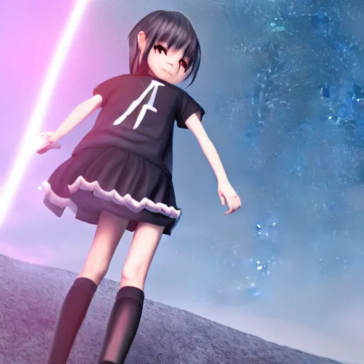 Image similar to 3d hd render of teenager anime girl full body walking backwards octane render post denoised, night sky, volumetric lightning dark grey tint