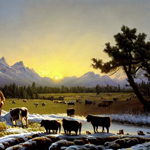 Image similar to an extremely detailed matte painting of a rancher feeding the animals at sunrise on the first day of spring, huge rocky mountains in the background, tall rancher wearing a cowboy hat, dogs, cows, sheep, chickens, ducks, 4 k, ranch the morning after a light snowfall, by bob ross and norman rockwell