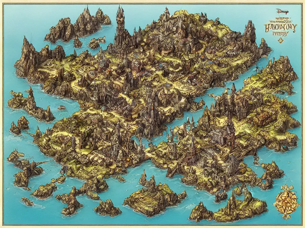 Image similar to an isometric disney dark fantasy map of a continent bordered by ocean by brian froud and hr giger