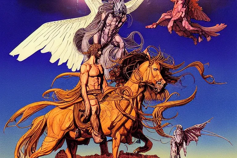 Image similar to a hyperrealist watercolour character concept art portrait of science fiction poster, jesus vs an alien, winged pegasus, giant creature in background, detailed, well lit night in las vegas, nevada. by rebecca guay, michael kaluta, charles vess and jean moebius giraud