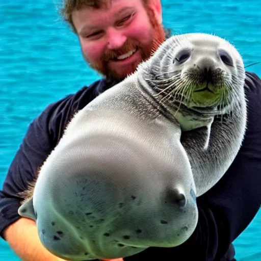 Image similar to incredibly fantastically stupendously fluffy tiny winged pygmy baby manatee seal hybrid being cradled by a nice pirate captain on an island, realistic, fantasy, pet, adorable, national geographic