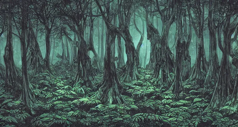 Prompt: A dense and dark enchanted forest with a swamp, by Akira Toriyama