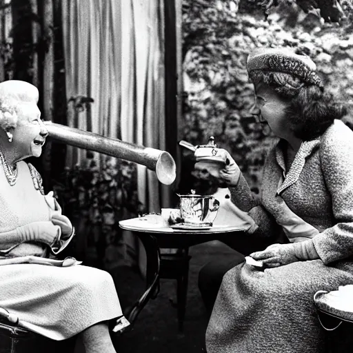 Prompt: photo of queen elizabeth having tea with a neanderthal caveman