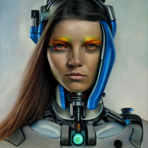 Prompt: amazing portrait of a beautiful cyborg, oil painting. HD
