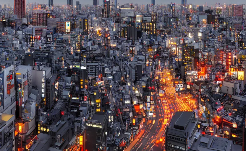 Image similar to blender render of tokyo city from a rooftop view, sunset lighting, unreal engine, hyper realism, realistic shading, cinematic composition, octane render, hdr, detailed textures, photorealistic, ultrawide shot, 1 6 mm lens