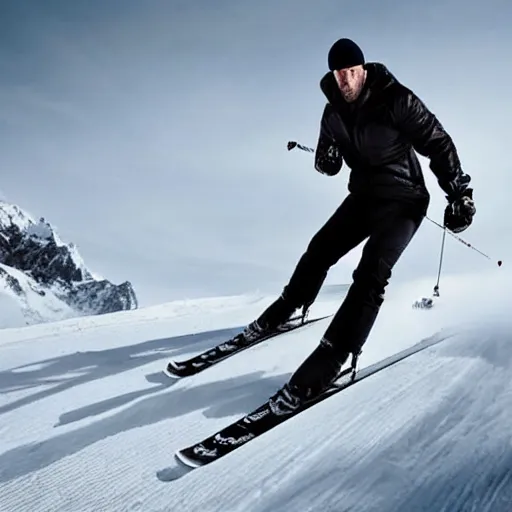 Image similar to jason statham skiing, angry, full body shot, cinematic lighting, studio quality