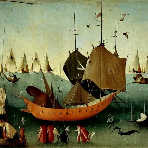 Prompt: oil painting by hieronymous bosch of a caravel sailing ship sailing with sails set. people with silly expressions on the ship. dolphins and whales play around the ship.