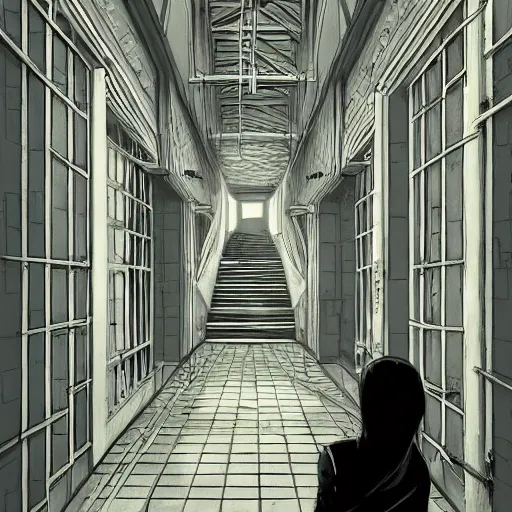 Image similar to a creepy woman walking through a bright white staircase with many doors and hallways, mc escher architecture, very detailed background, epic composition, anime key visual, anime style, by makoto shinkai