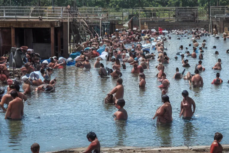 Prompt: people bathing in industrial wastewater