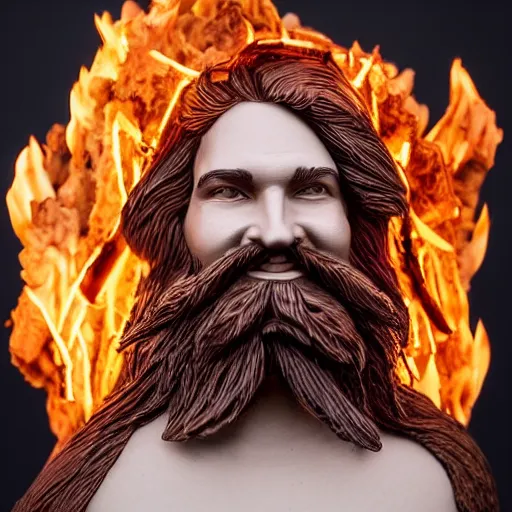 Image similar to a flawless, purely fire sculpture of a man with long hair, with trimmed beard, smiling widely. sculpture made of fire, extremely detailed, award-winning art, trending on Artstation