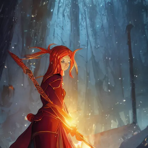 Image similar to a female elven cleric with red long hair in a very good beautiful heavy scale armor, wearing a cape, casting a fire spell, dungeon background, magical, bright, colorful, fantastic lighting, amazing details, 4 k uhd, illustration by hayao miyazaki and makoto shinkai and ilya kuvshinov, artstation, pixiv,