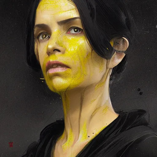 Image similar to portrait of a woman by greg rutkowski, a woman with yellow skin, black lips wearing black robes and a hodd, evil energy, star wars expanded universe, she is about 6 0 years old, highly detailed portrait, digital painting, artstation, concept art, smooth, sharp foccus ilustration, artstation hq