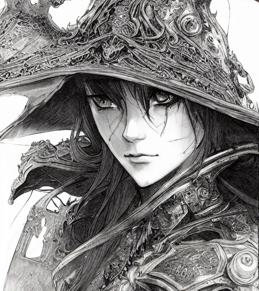 Image similar to portrait of anime woman wearing witch hat in armor, pen and ink, intricate line drawings, by craig mullins, ruan jia, kentaro miura, greg rutkowski, loundraw