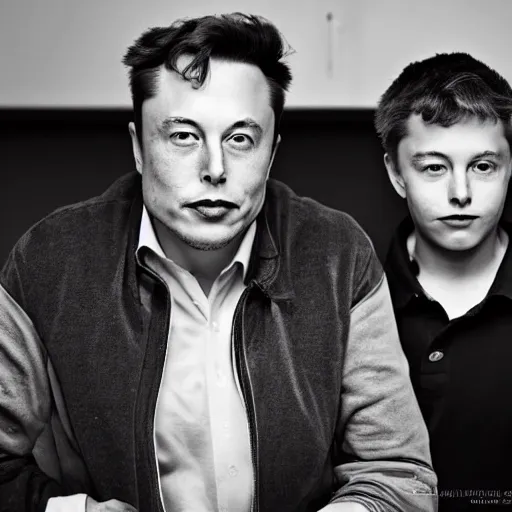 Image similar to A portrait photo of Elon Musk teams up with a teenage Elon Musk, perfect faces, 50 mm, award winning photography