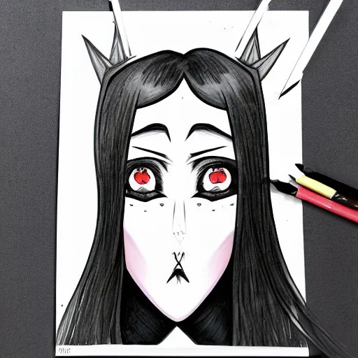 Prompt: headshot art of a goth anime woman, attractive, symmetrical face, trending on artstation, black and white watercolor