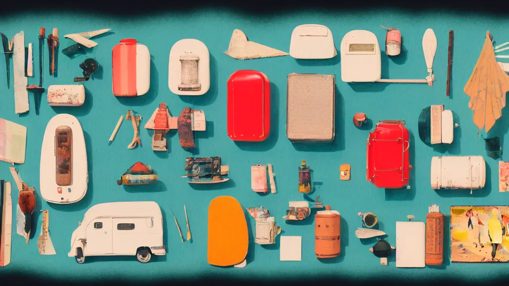 Image similar to an arrangement of camping traveller props, japan, a collage painting, in the style of wes anderson, lola dupre, david hockney, isolated on negative white space background dark monochrome neon spraypaint accents volumetric octane render