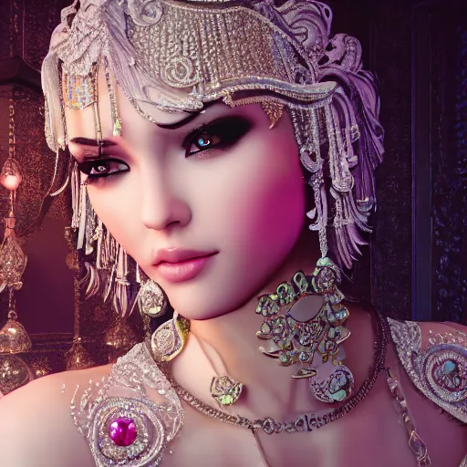 Image similar to portrait of pretty princess with perfect skin, glowing, ornate and intricate diamond jewelry, jaw dropping beauty, ornate and intricate backdrop, white accent lighting, hyper detailed, 4 k octane render