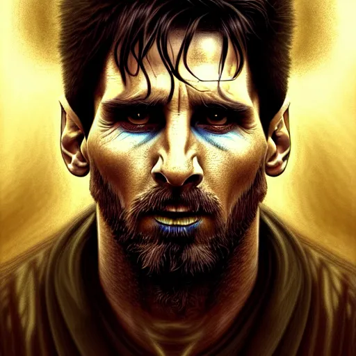 Image similar to Lionel Messi as a zombie, closeup, D&D style, fantasy, intricate, elegant, highly detailed, digital painting, artstation, concept art, matte, sharp focus, illustration, art by Artgerm and Greg Rutkowski and Alphonse Mucha