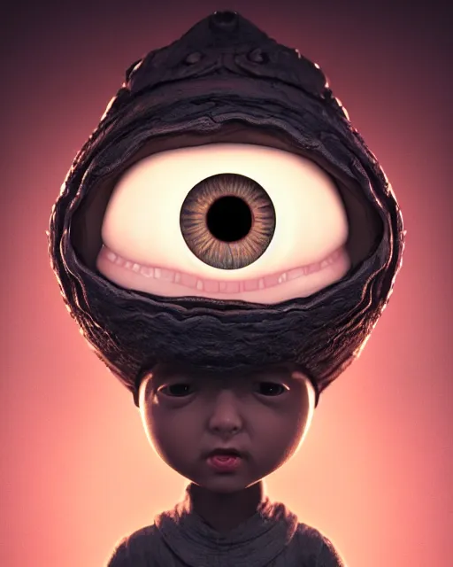 Image similar to portrait of funny giant cute eyes ceramic doll wizard, intricate abstract. intricate artwork, by tooth wu, wlop, beeple, dan mumford. concept art, octane render, trending on artstation, greg rutkowski very coherent symmetrical artwork. cinematic, key art, hyper realism, high detail, octane render, 8 k, iridescent accents
