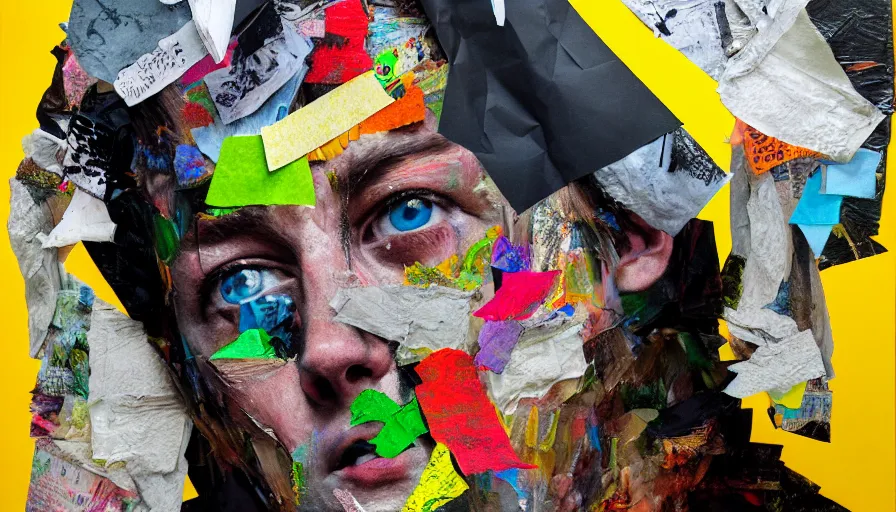 Image similar to rendered in blender trash bag on his head, collage paper and tape, acrylic on canvas, hyperrealism mixed with expressionism, high resolution, cinematic, unreal 6, breathtaking detailed, by blake neubert